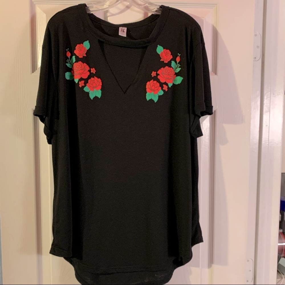 Black Tee with Rose Appliqués